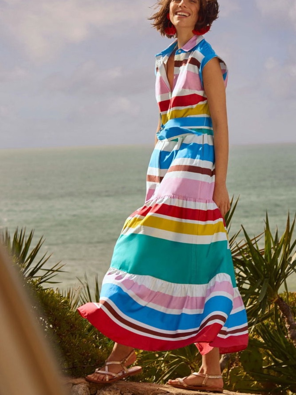 Boden Betty Shirt Dress Summer Multistripe Multi-Color Maxi Dress 100% cotton